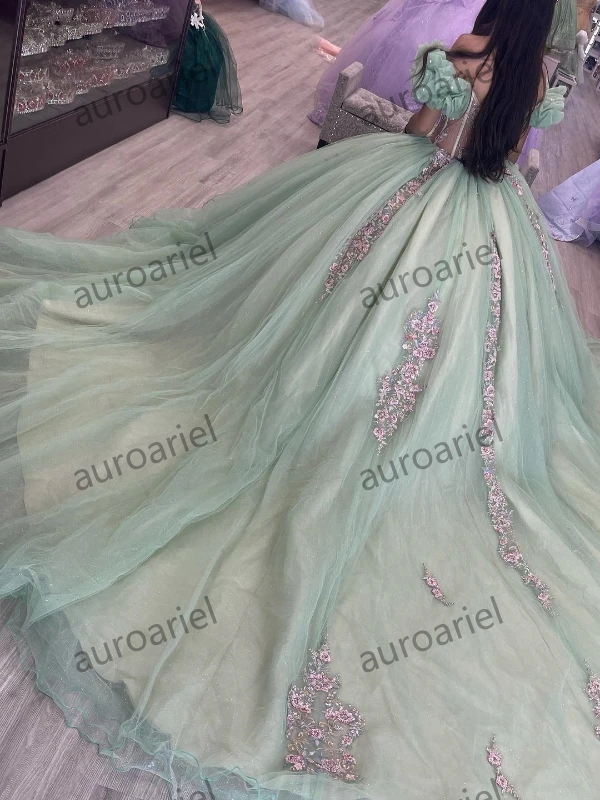 Sage Green Quinceanera Dress Party Prom Dress Flower Beads Lace