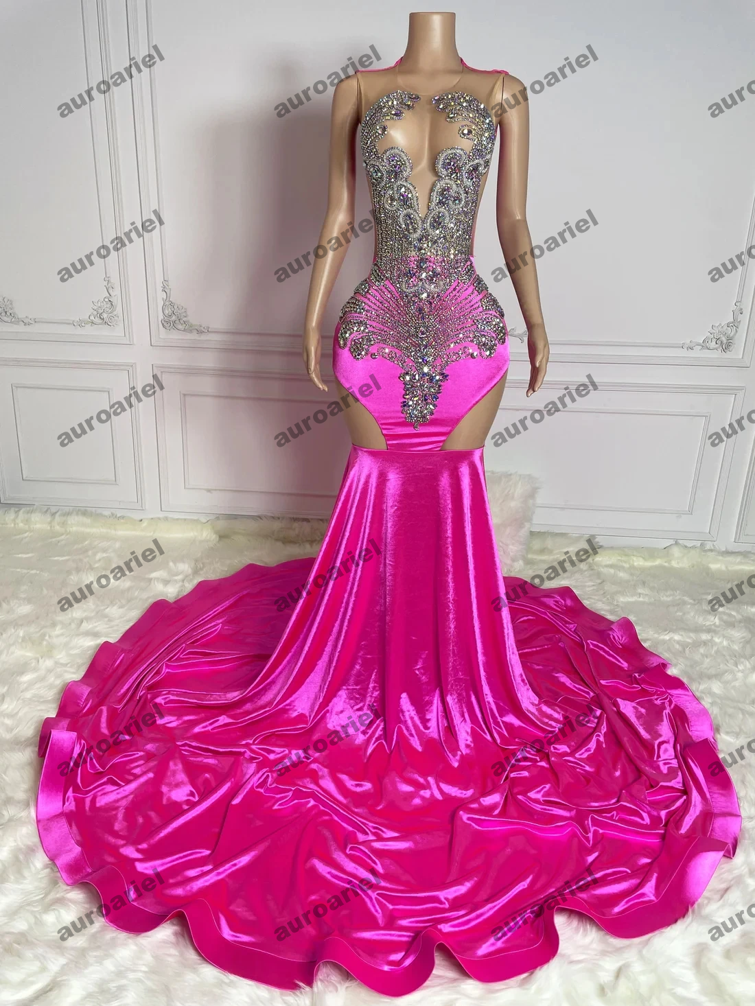 Fuchsia African American Prom Dresses For Black Girls Women Mermaid Crystals