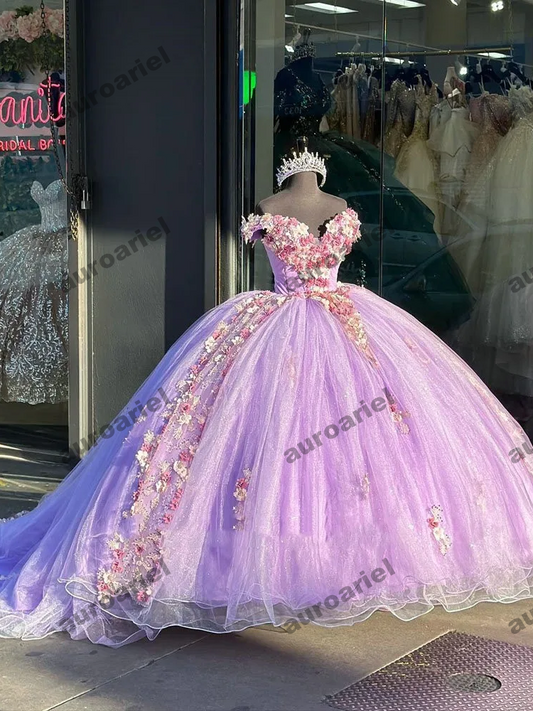 Off The Shoulder Tulle Appliques Flowers Mexican Sweet 16 Dresses