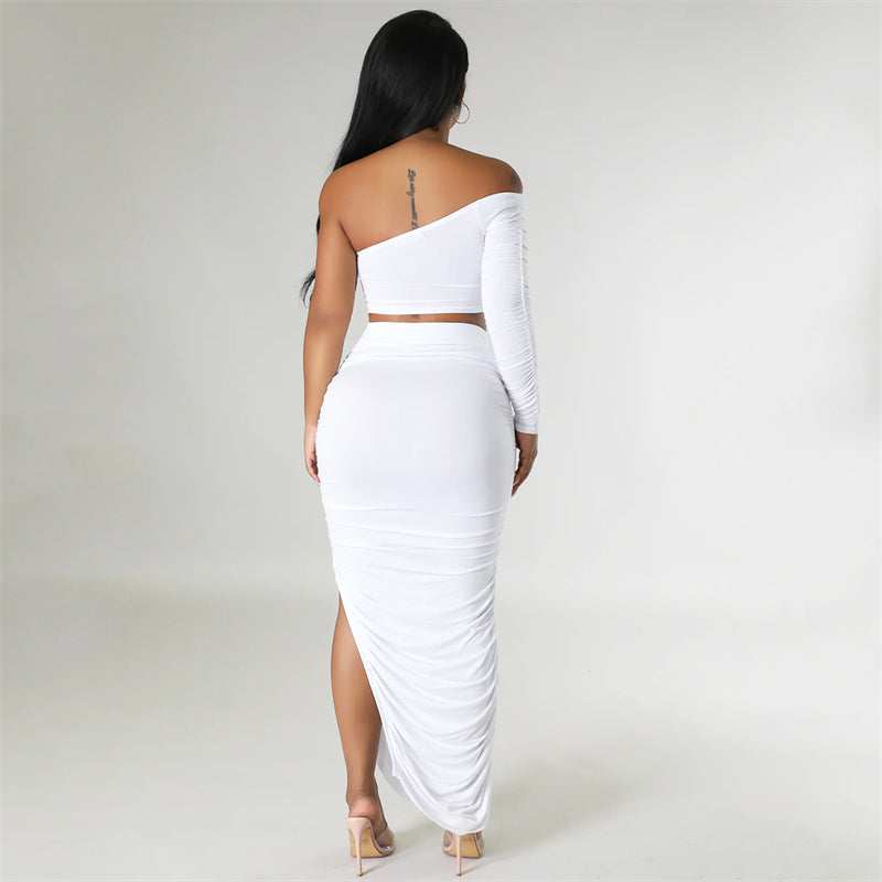 Clubwear One Shoulder Crop Top and Side Slit Ruched Long Skirt Elegant Festival Outfits for Women Maxi 2 Piece Dress Sets