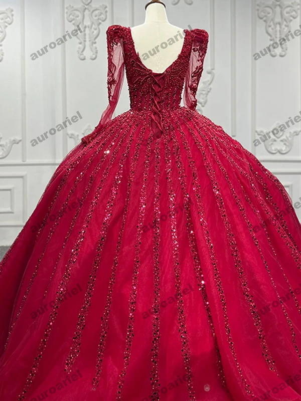 Red Quinceanera Dress Beading Organza Sequined Long Sleeve Ball Gown Party