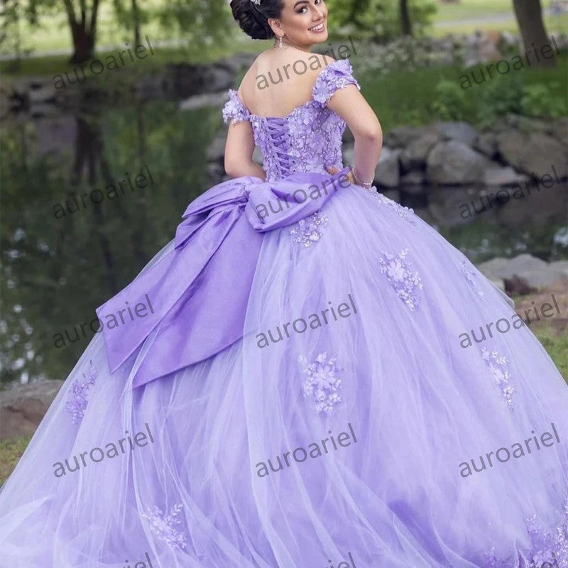 Lavender 3D Flower Quinceanera Dresses with Big Bow