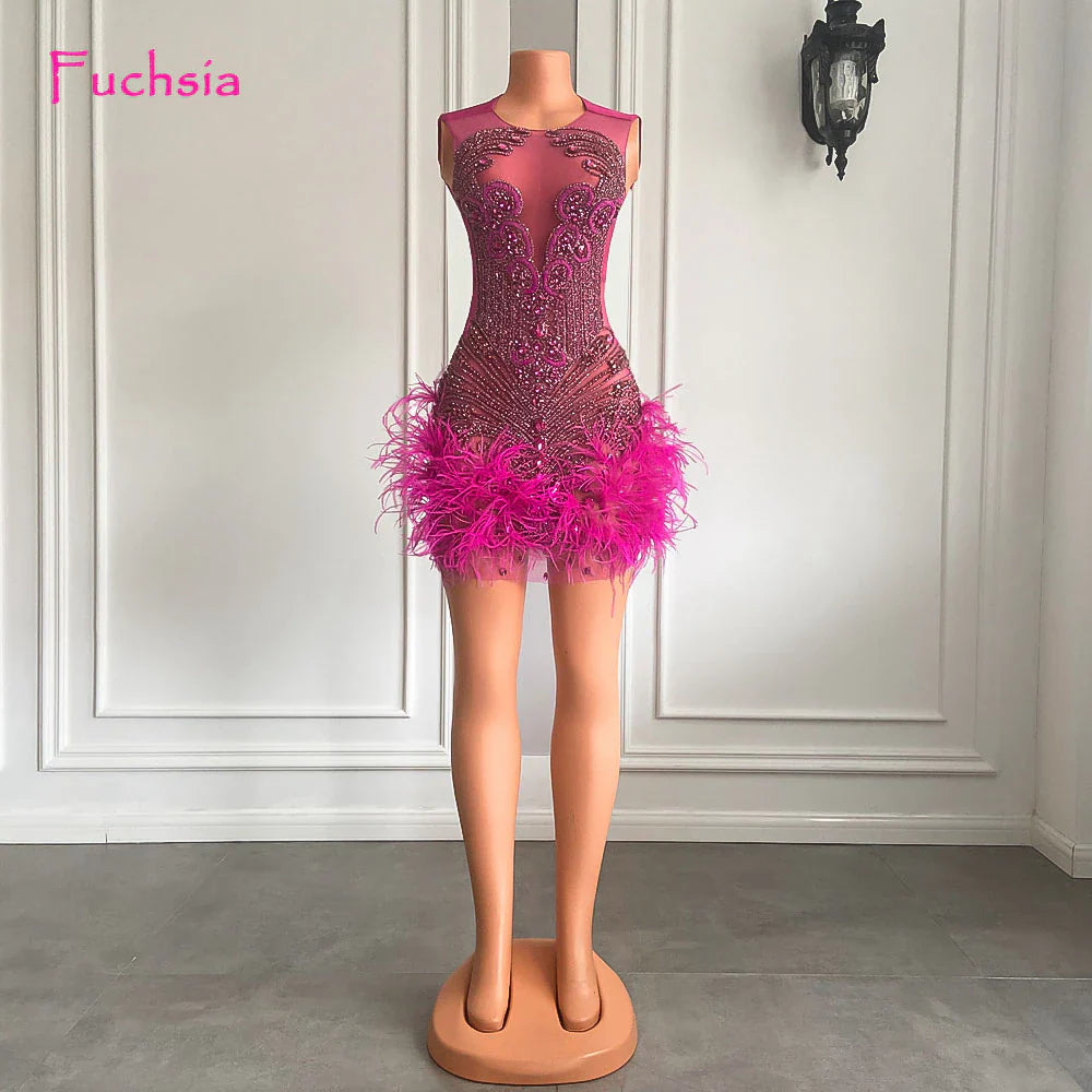 Luxury Pink Diamond Women Birthday Dress Sexy See Through Feather Formal Occasion Cocktail Black Girls Short Prom Dresses