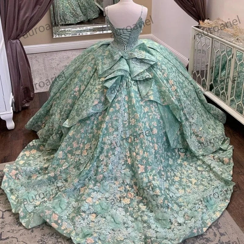 Mint Green Quinceanera Dresses Ball Gown Appliques Lace Beading Sleeveless Spaghetti Strap