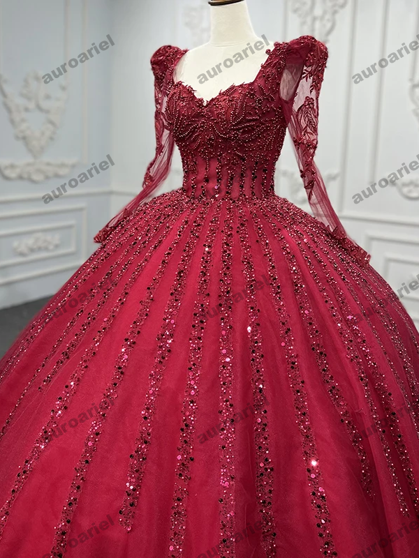 Red Quinceanera Dress Beading Organza Sequined Long Sleeve Ball Gown Party