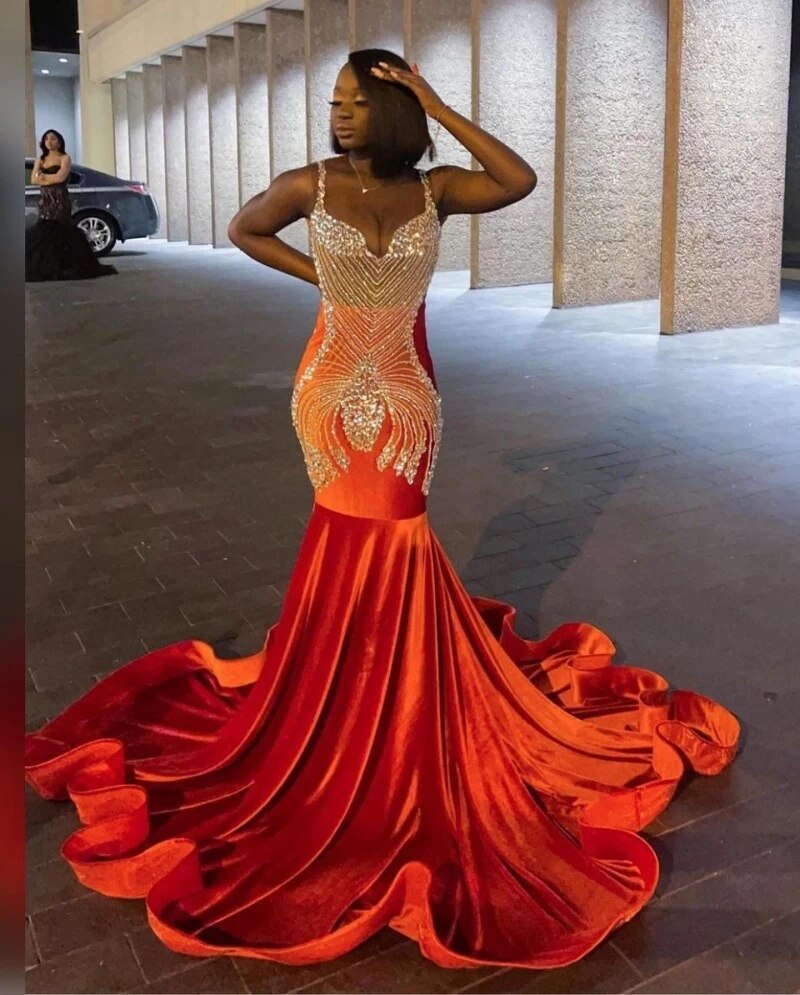 Sparkly Beaded Mermaid Prom Dresses For Black Girls Orange Velvet Plus Size Formal Birthday Party Evening Occasion Gowns