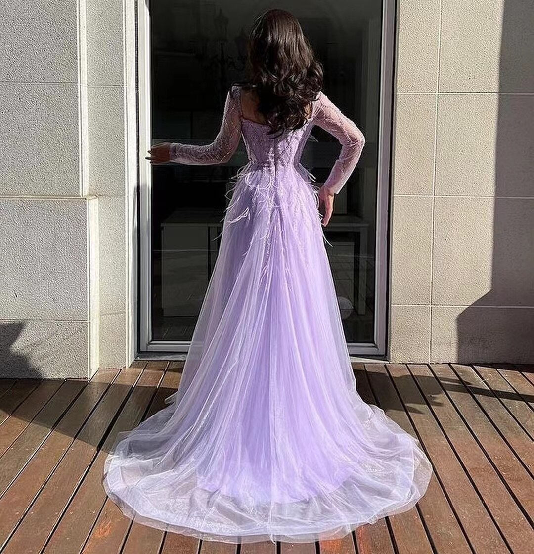 Real Image Prom Dresses Women Wear Side Slit Long Sleeves Beaded Evening Dress Sequins Feather Tulle Formal Occasion Party Gowns