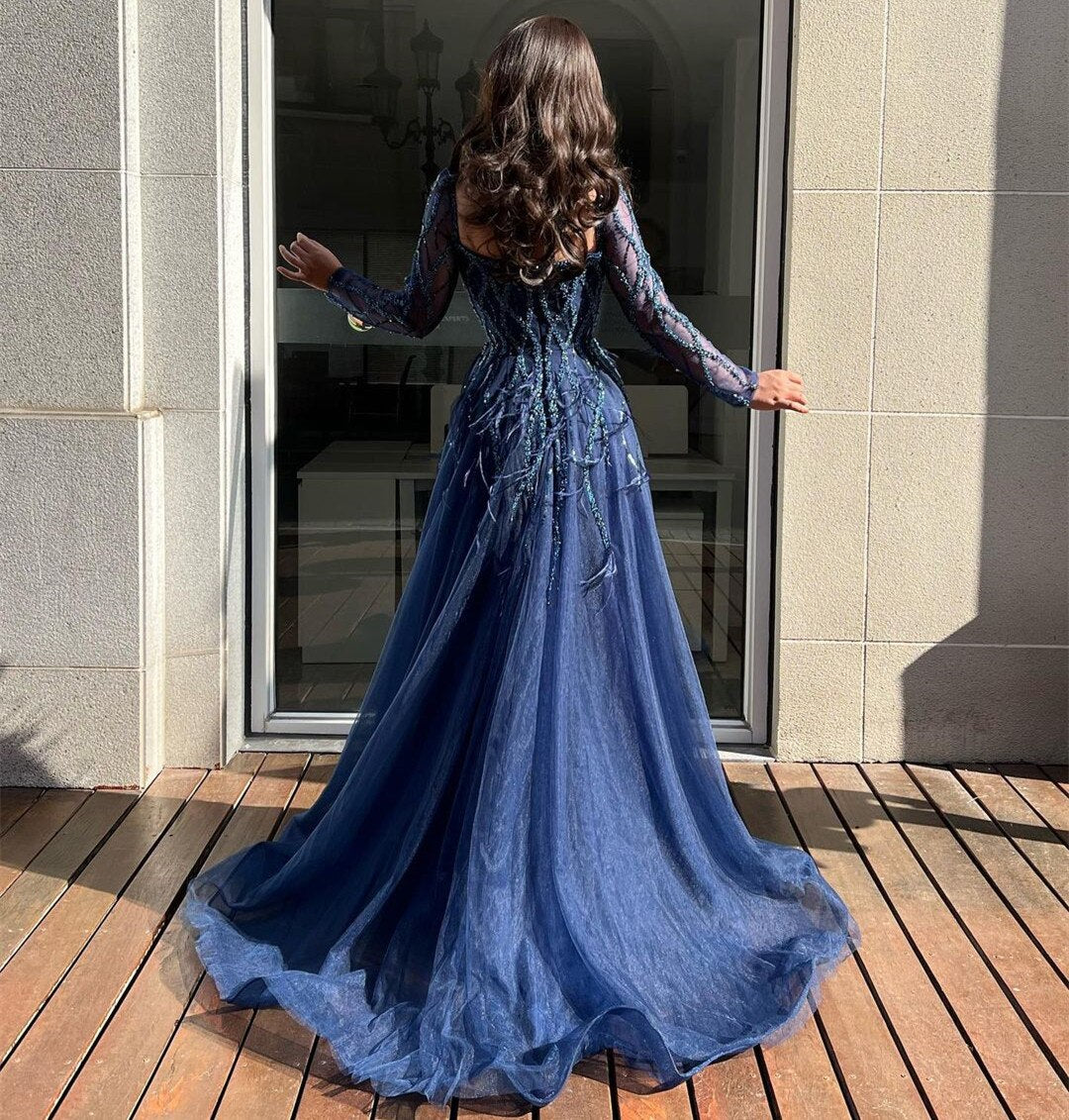 Real Image Prom Dresses Women Wear Side Slit Long Sleeves Beaded Evening Dress Sequins Feather Tulle Formal Occasion Party Gowns