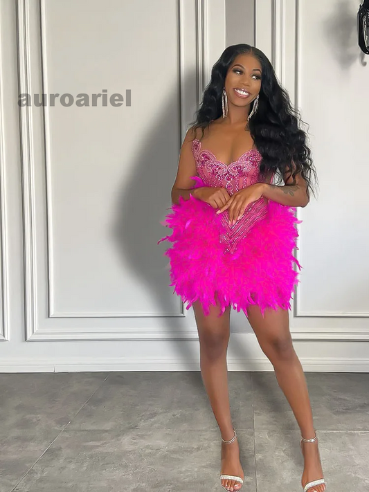 Hot Pink Feather Black Girls Short Prom Dresses