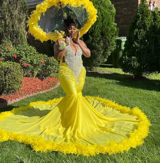 Yellow African American Long Prom Dresses For Black Girls Mermaid Sheer Feather Crystals Women Party Evening Gown Customized