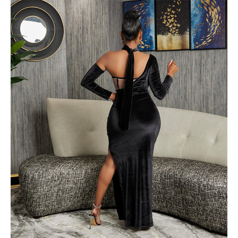 Elegant Birthday Party Night Club Christmas Formal Long Sleeve Dress Women Velvet Irregular Strapless Evening Vestidos