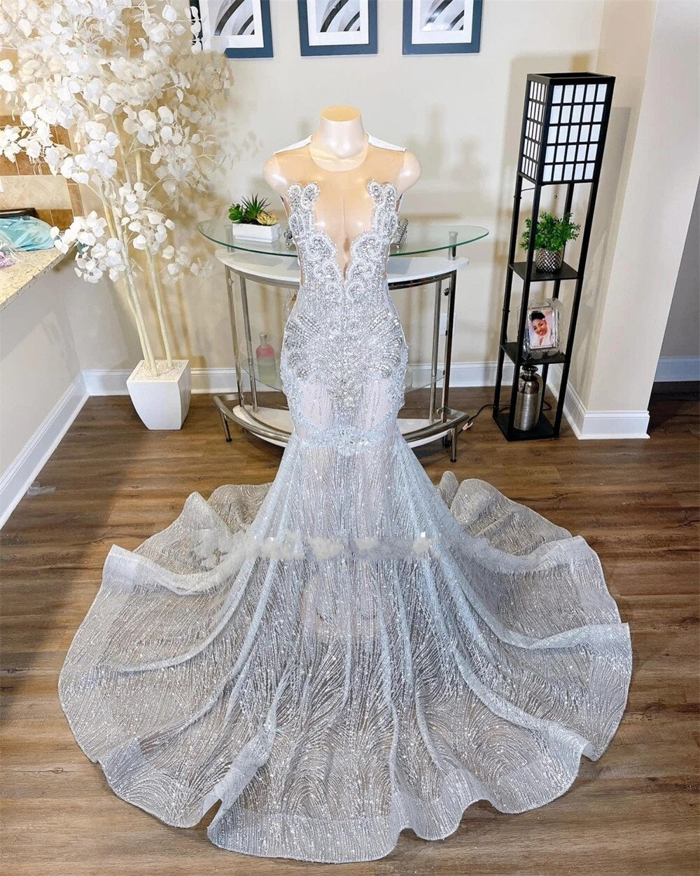 Sparkly Prom Dresses Silver O Neck Mermaid Crystal Beading Birthday Party Gown