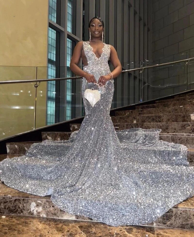 New Arrival Silver Mermaid Prom Dress For Black Girls Crystals Rhinestones Birthday Party Gown Court Train