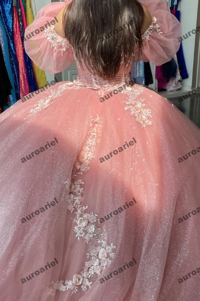 Shiny Pink Long Sleeve Quinceanera Dress Ball Gown Applique Beaded Sequins Corset Sweet 16 Vestido De 15 Anos