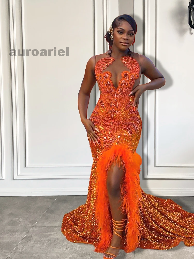 Orange Prom Dresses Sexy Side Slit Sequin Diamond Feather