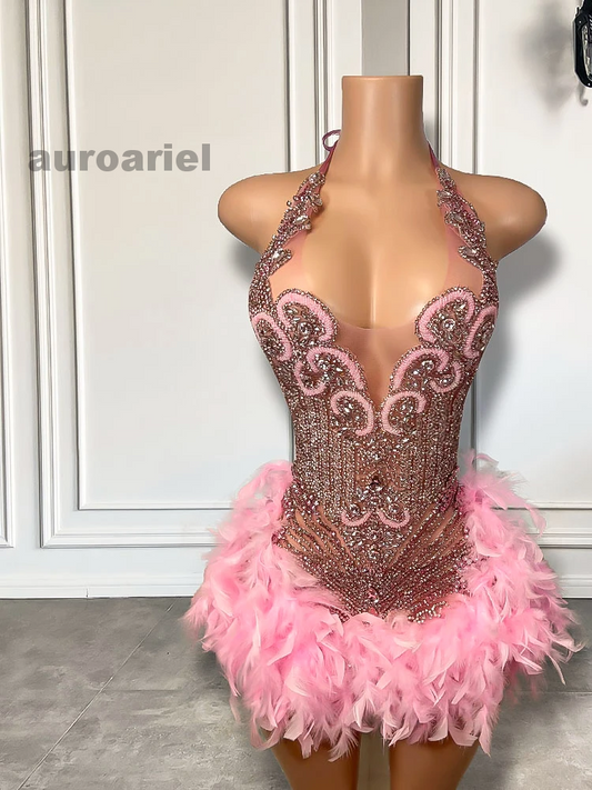 Luxury Pink Diamond Feather Short Mini Prom Dress