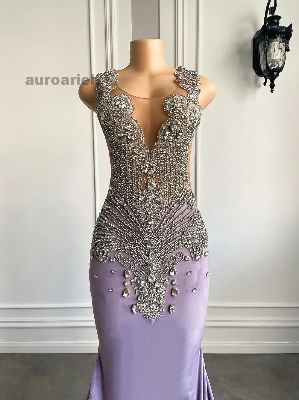 Gorgeous Sexy Mermaid Style Silver Diamond Black Girls Lavender Velvet Prom Gala Formal Gowns