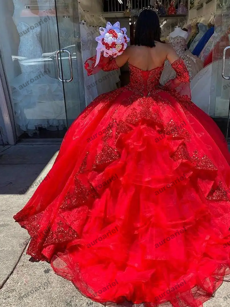 Red Ball Gown Quinceanera Prom Dresses V Neck Long Sleeves Gold Applique Lace Sweep Train Sweet 15 Dress