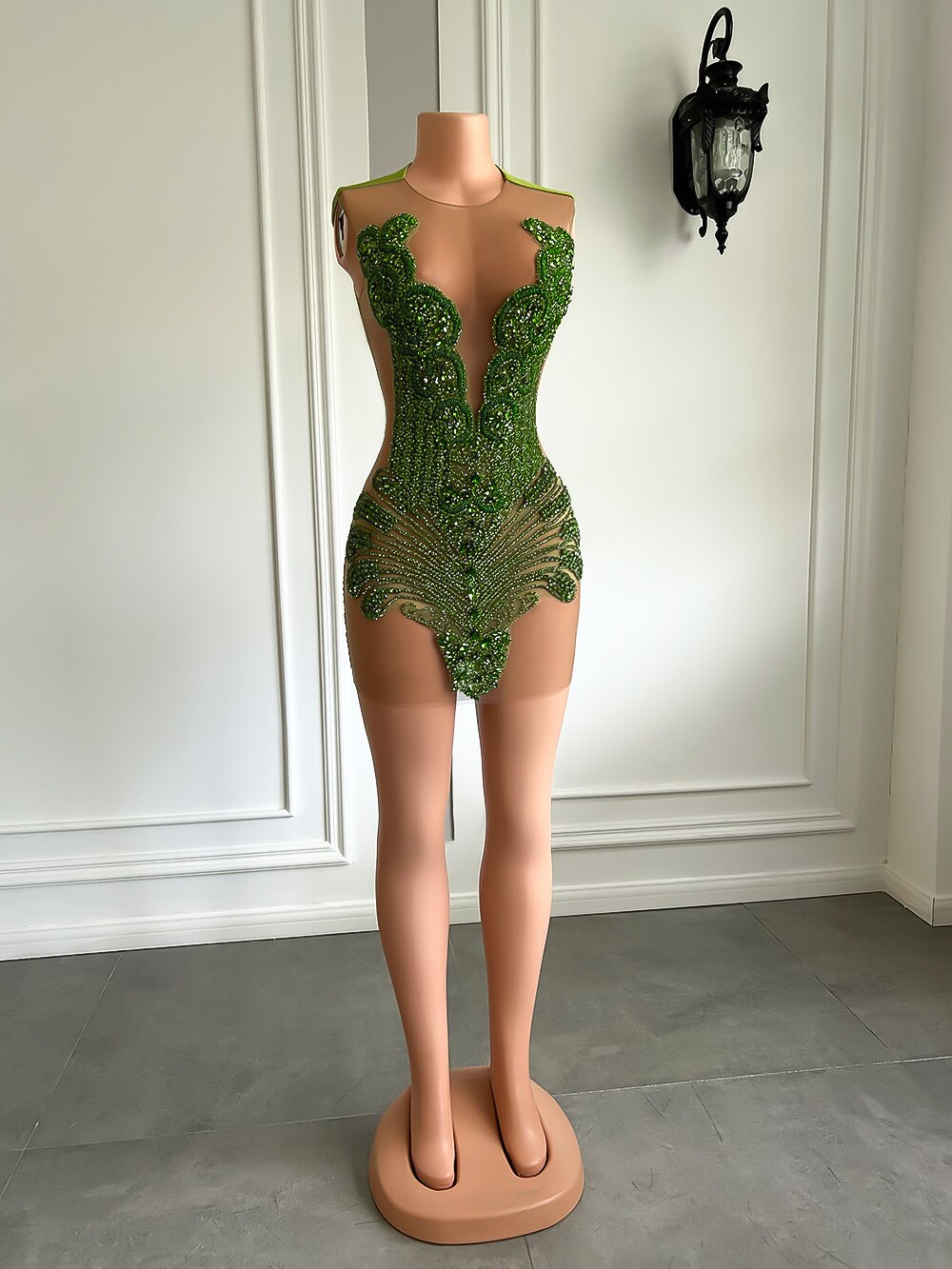 New Sexy See Through Women Birthday Party Formal Gowns Luxury Sparkly Olive Green Diamond Black Girls Short Prom Dresses