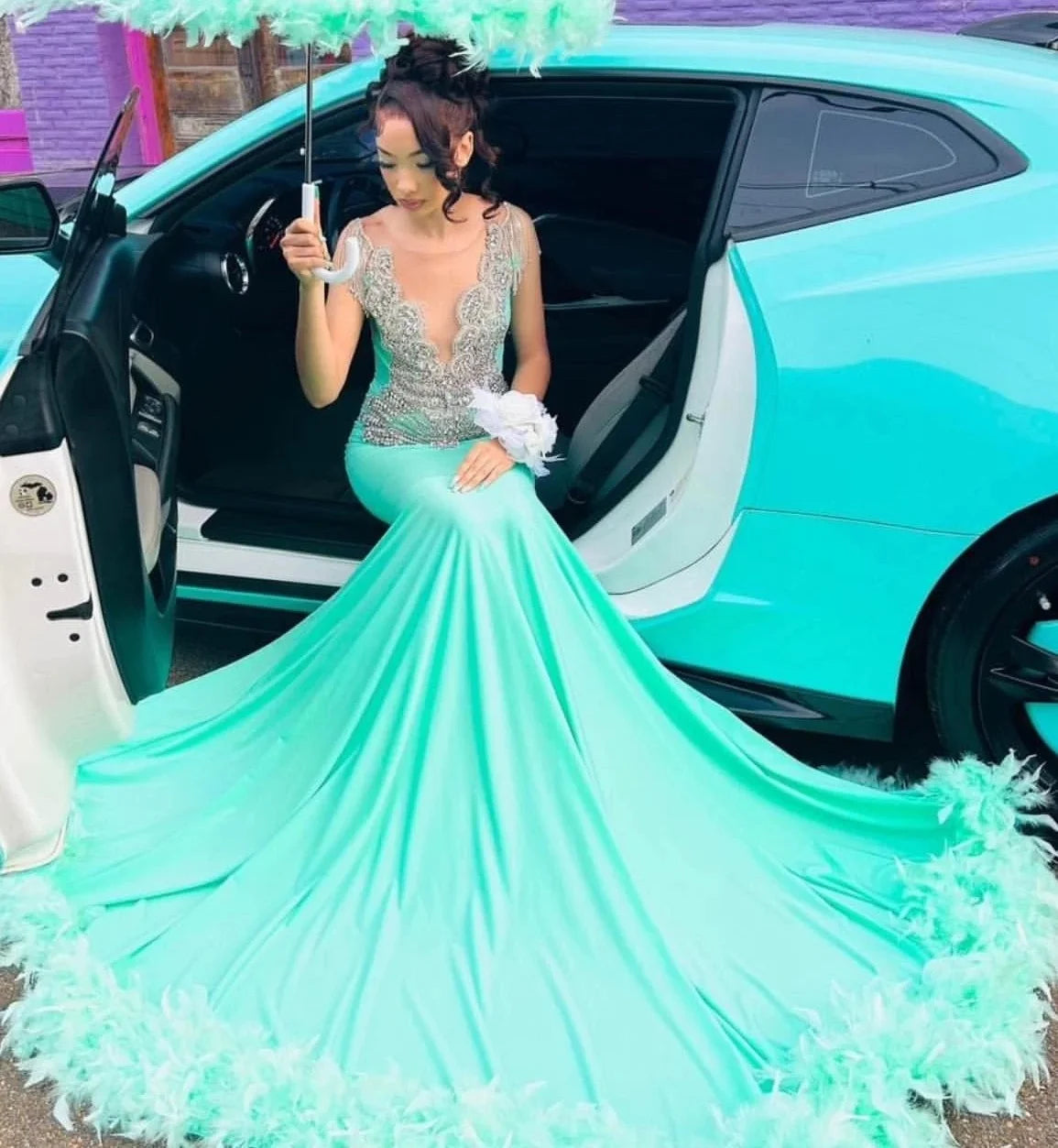 Turquoise African American Long Prom Dresses For Black Girls Sheer Feather Crystals WomenRobe De Soiree Evening Gown Customized