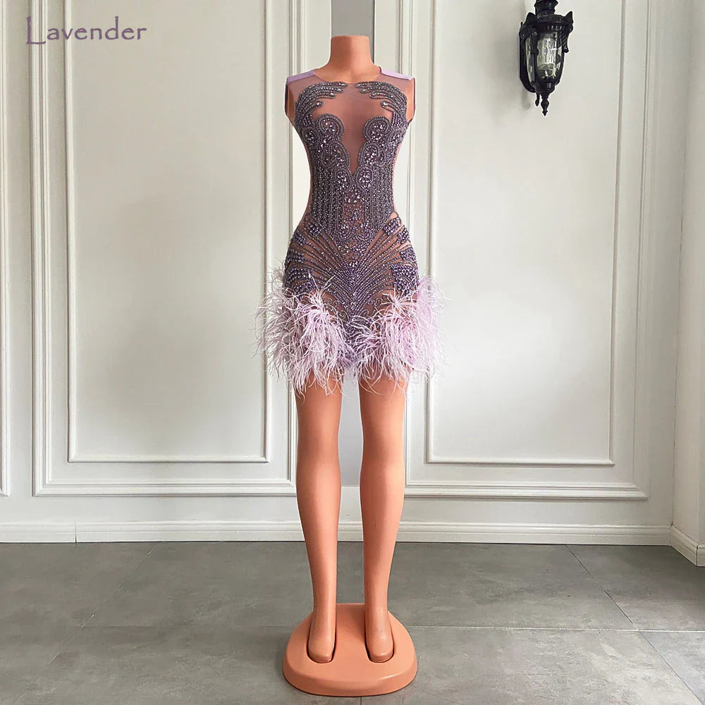 Luxury Pink Diamond Women Birthday Dress Sexy See Through Feather Formal Occasion Cocktail Black Girls Short Prom Dresses