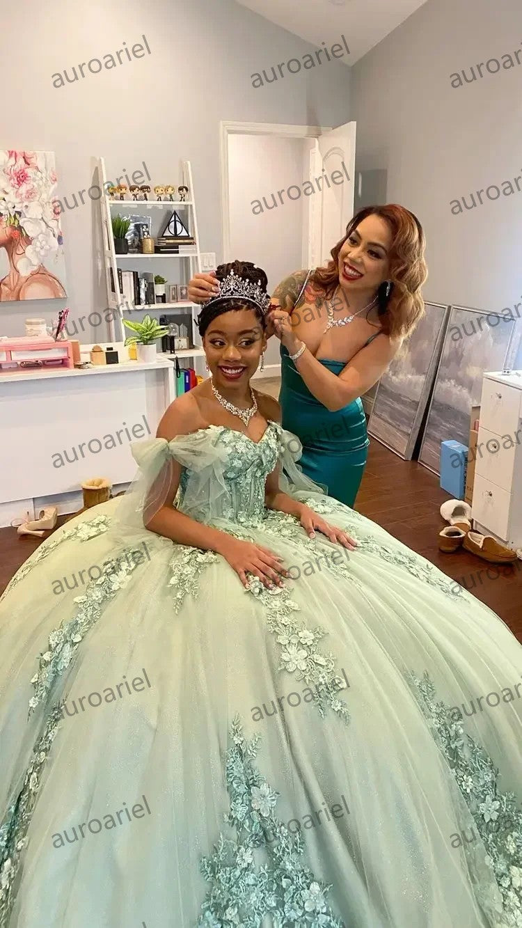 Sage Green Glitter Ball Gown Quinceanera Dresses