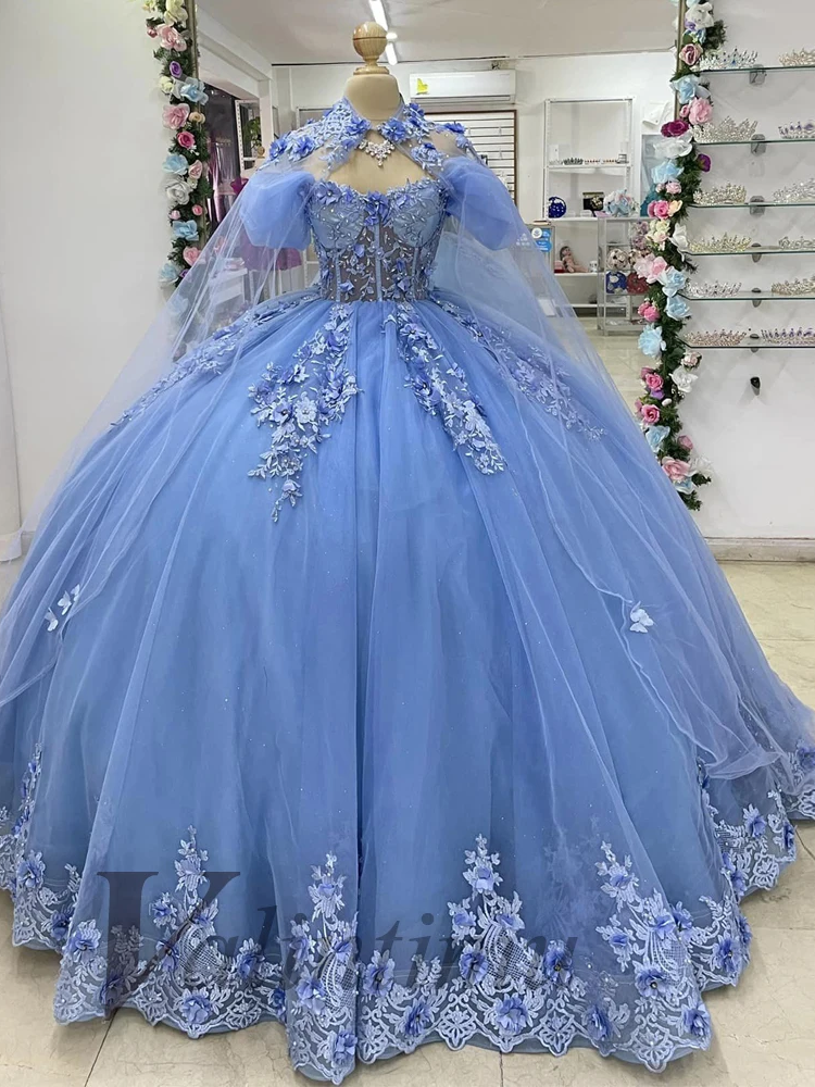 Ball Gown Quinceanera Dresses with Cloak Draped Puff Sleeves 3D Appliques