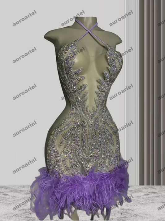 Purple Halter Feather Short Prom Dresses