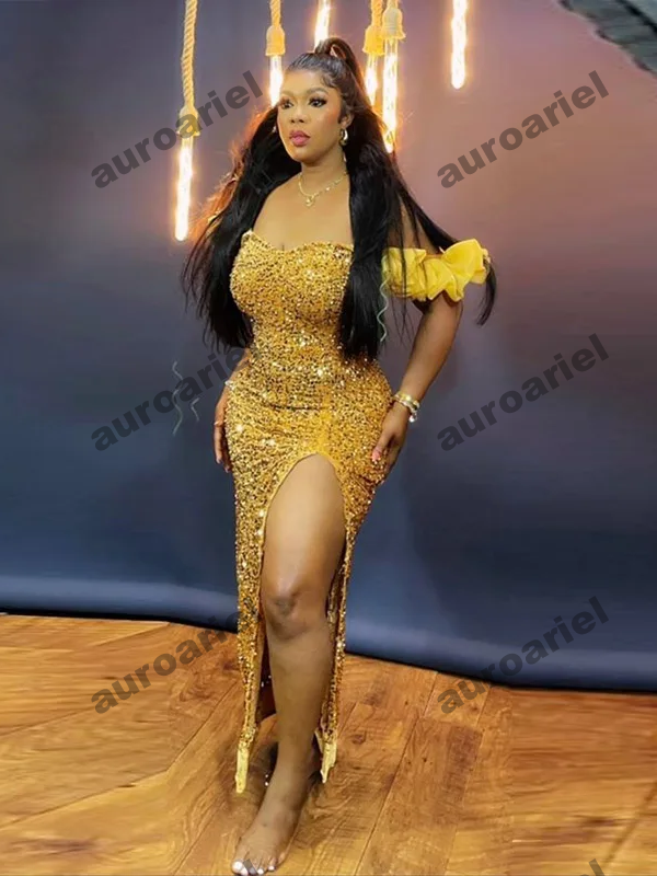 Gold Sequined Prom Dresses Sexy Off The Shoulder High Split Evening Gowns