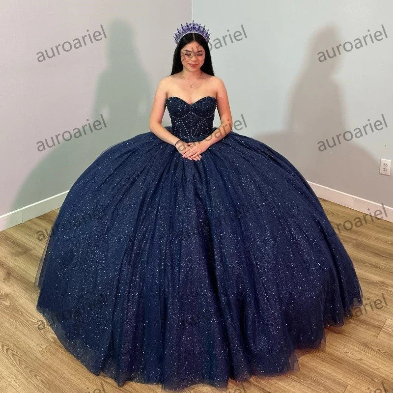 Glittering Navy Blue Quinceanera Dresses Sweetheart Luxury Beading Crystal Formal Princess Gown