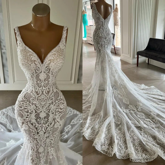 Elegant Full Lace Mermaid Wedding Dresses V Neck Lace Appliqued Boho Country Bridal Party Gowns