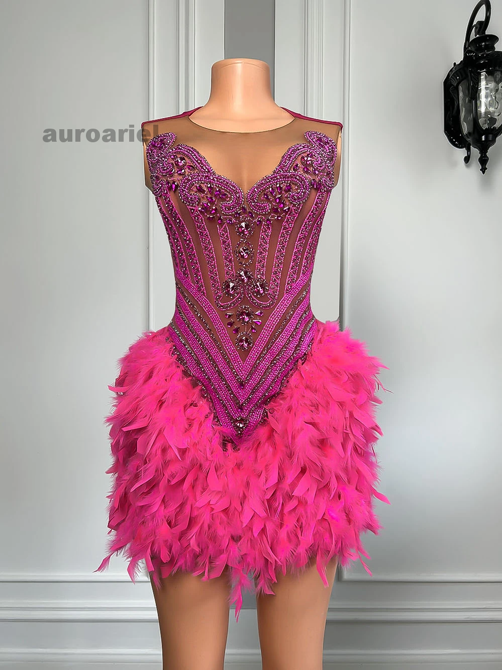 Hot Pink Feather Black Girls Short Prom Dresses