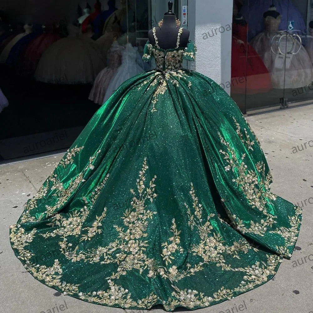 Glittering Green Quinceanera Dresses Gold Flowers Lace Off-Shoulder