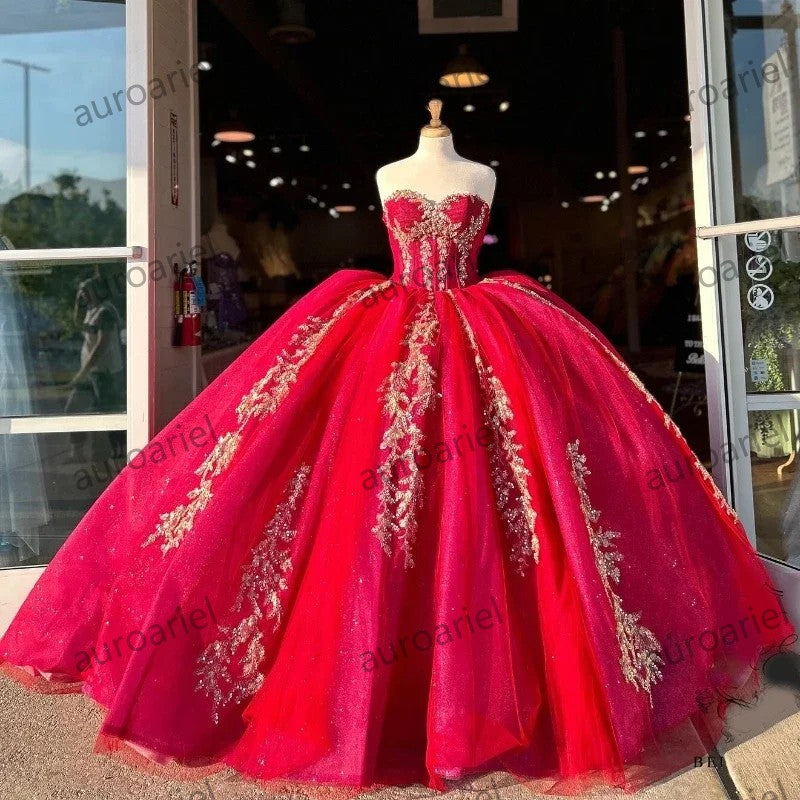 Red Shiny Quinceanera Dresses Gold Applique Lace Beads Corset Sweet 16