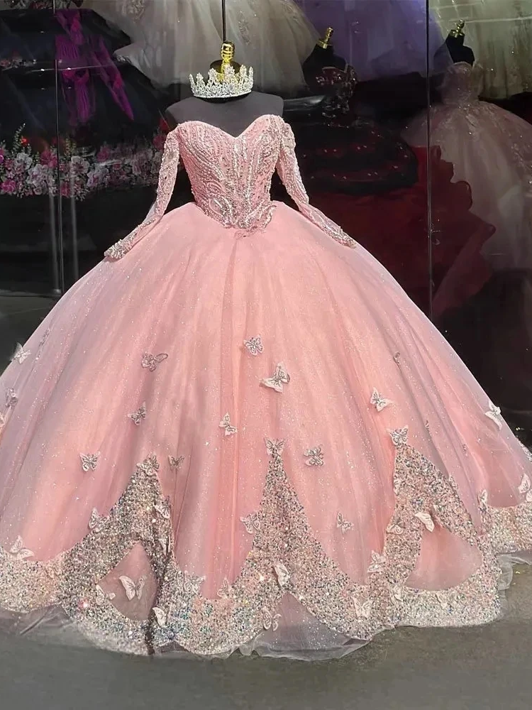 Pink Quinceanera Dresses Off-Shoulder Long Sleeves Butterfly Appliques Princess Birthday Party