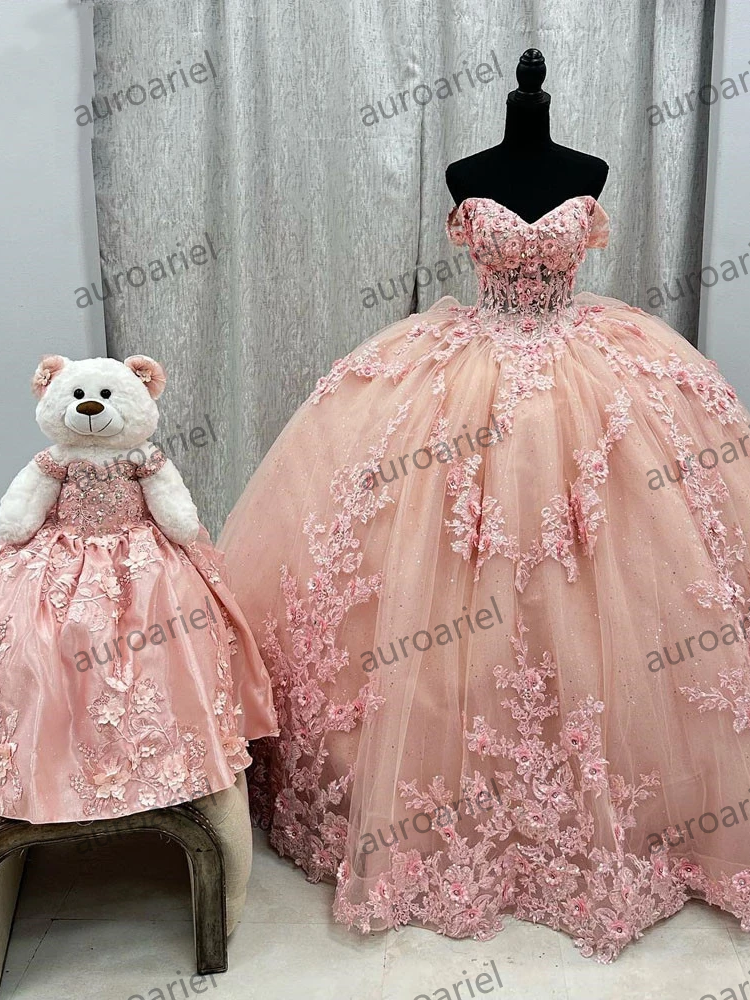 Pink Quinceanera Dresses Beaded Appliques Ball Gown Sweet 16