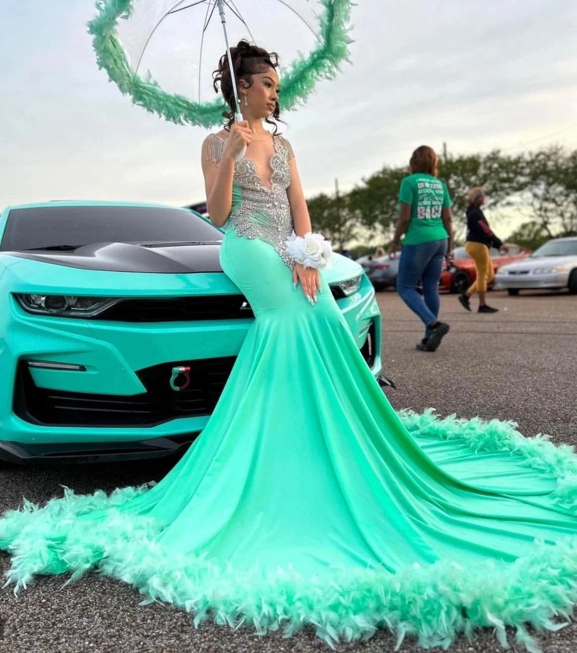 Turquoise African American Long Prom Dresses For Black Girls Sheer Feather Crystals WomenRobe De Soiree Evening Gown Customized