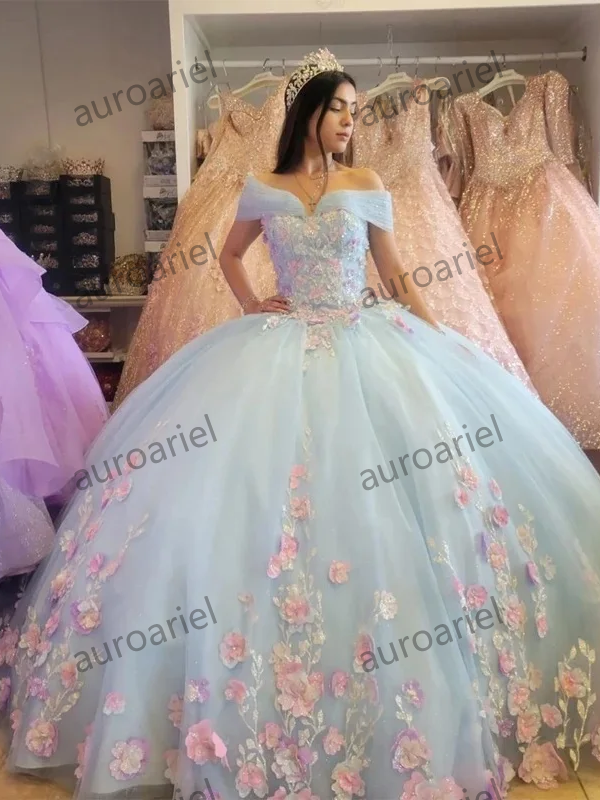 Blue Quinceanera Dresses With 3D Pink Lace Appliques Beading Ball Gown