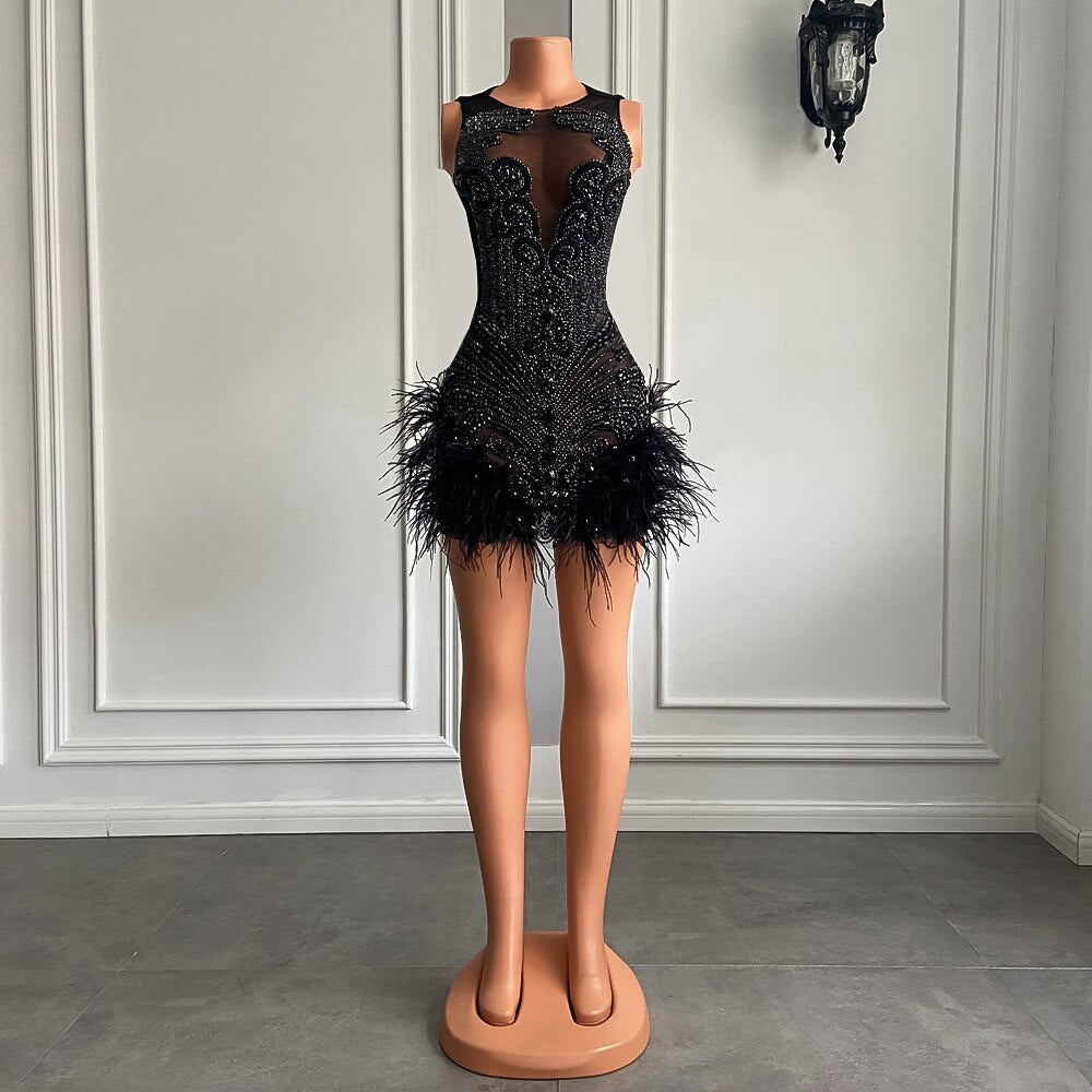 Luxury Pink Diamond Women Birthday Dress Sexy See Through Feather Formal Occasion Cocktail Black Girls Short Prom Dresses