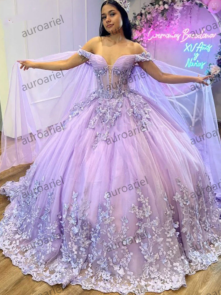 3D Butterfly Ball Gown Lilac Quinceanera Dresses With Cape Appliques Lace Sweet 15