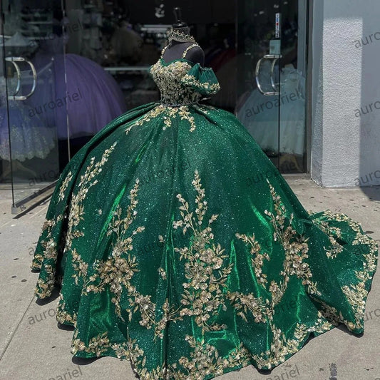 Glittering Green Quinceanera Dresses Gold Flowers Lace Off-Shoulder