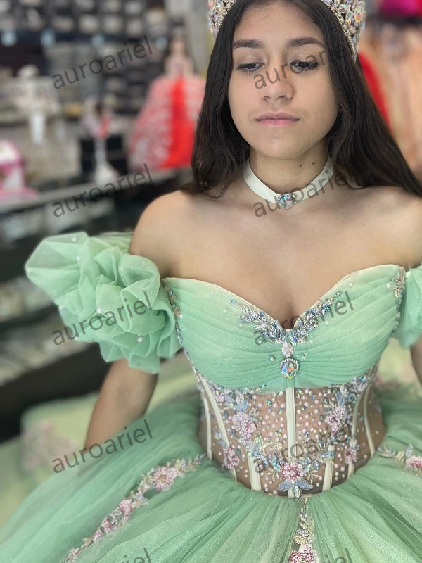 Sage Green Quinceanera Dress Party Prom Dress Flower Beads Lace