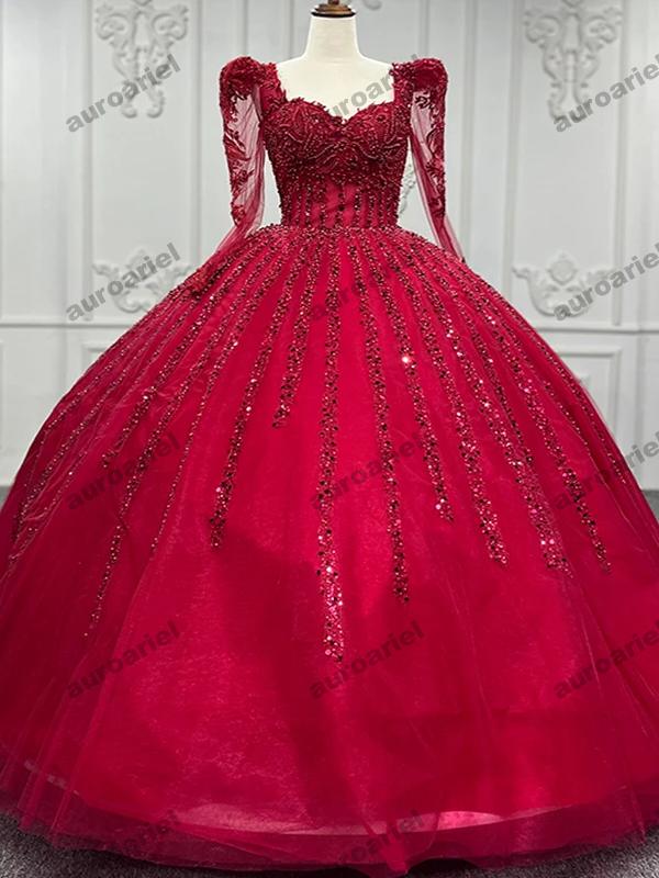 Red Quinceanera Dress Beading Organza Sequined Long Sleeve Ball Gown Party