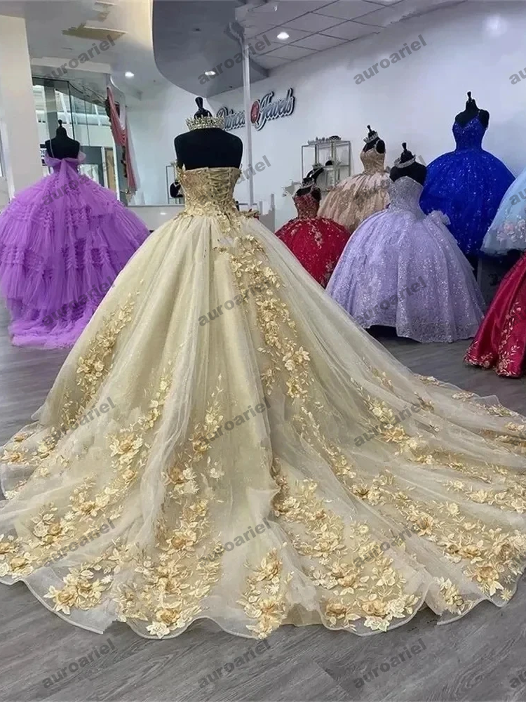 Champagne Quinceanera Dress Gold 3D Flower Lace Vestidos De 15 Anos Formal Birthday Party Customized