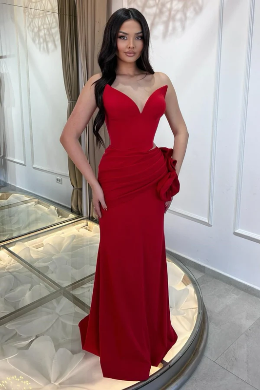 Sexy Sheath V Neck Sleeveless Pleated Flower Prom Party Dress Evening Formal Gown Cocktail Dress