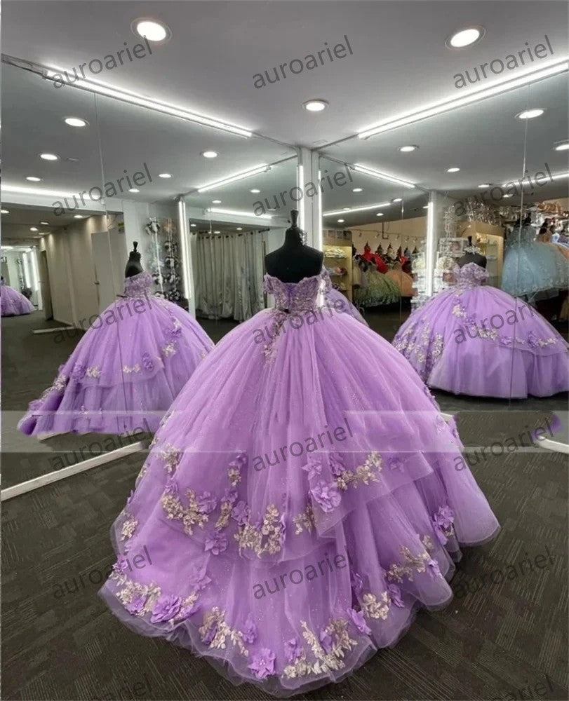 Lilac Quinceanera Dresses 3D Flowers Beading Sliver Lace