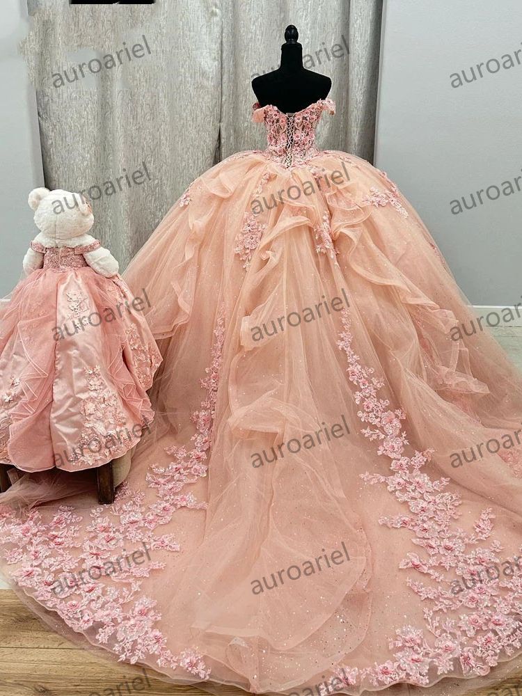 Pink Quinceanera Dresses Beaded Appliques Ball Gown Sweet 16