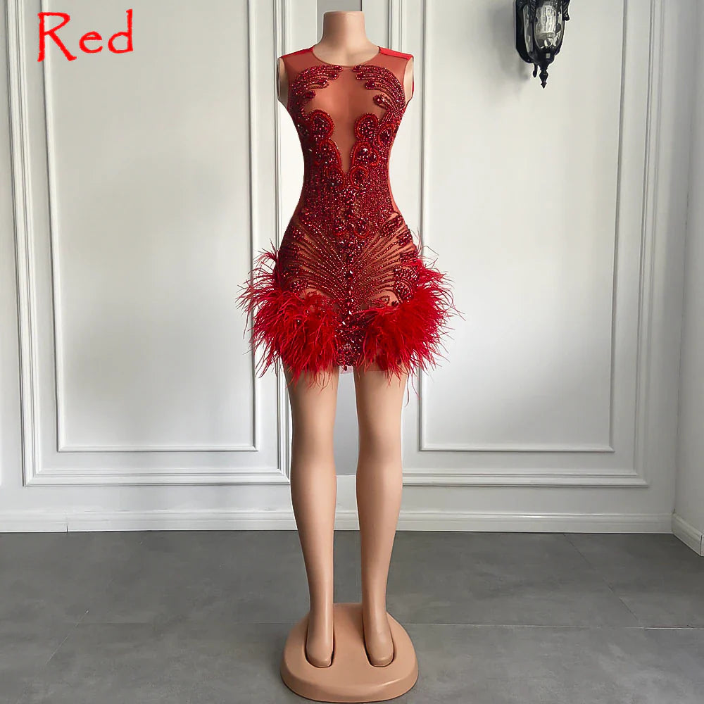 Luxury Pink Diamond Women Birthday Dress Sexy See Through Feather Formal Occasion Cocktail Black Girls Short Prom Dresses