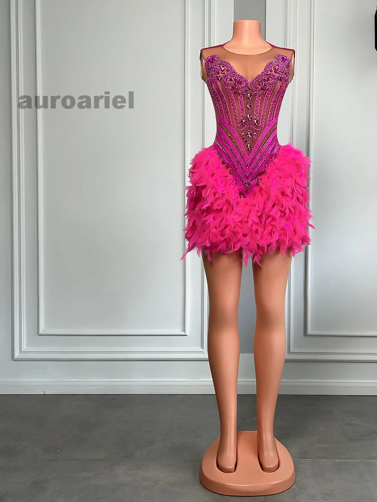 Hot Pink Feather Black Girls Short Prom Dresses