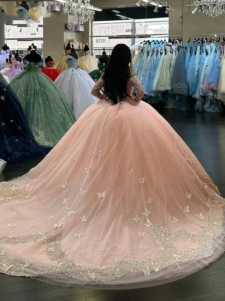 Pink Quinceanera Dresses Off-Shoulder Long Sleeves Butterfly Appliques Princess Birthday Party